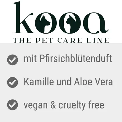 kooa. The Pet Care Line. S vonjem breskovih cvetov, kamilico in aloe vero, vegansko in brez testiranja na živalih.