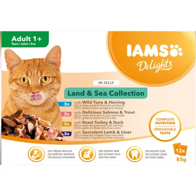 IAMS Delights Land & Sea Collection in jelly for adult 1+; 12 x 85g pouches with wild tuna and herring, salmon and trout, roast turkey and duck, lamb and liver. Complete nutrition.
