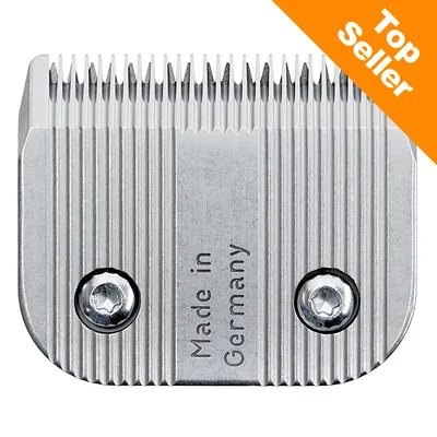 Testina in metallo per tosatrice con incisione 'Made in Germany', angolo arancione con testo 'Top Seller' in inglese.