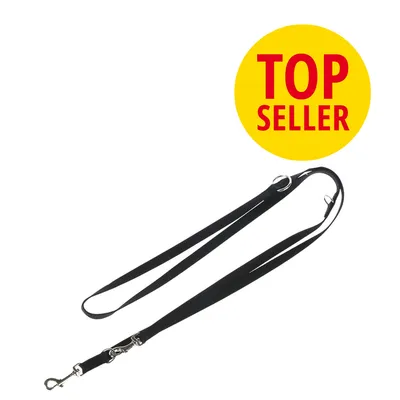 Laisse noire en nylon avec mousquetons métalliques, pastille jaune avec texte « TOP SELLER » en rouge.