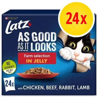 Latz As Good As It Looks Farm selection in jelly, 24x portions med kyckling, nötkött, kanin, lamm. Ingen färgämnen. Purina varumärke synligt på förpackningen.