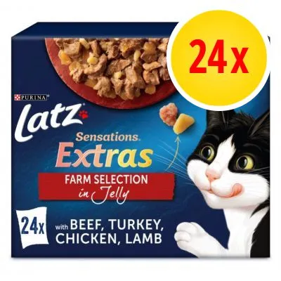 Latz Sensations Extras Farm Selection in Jelly, 24x portions med nötkött, kalkon, kyckling, lamm. Purina. Bild på katt och bitar av foder synliga på förpackningen.