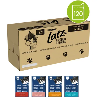 Purina Latz As Good As It Looks 7+ -sekoitus hyytelössä, 120 annosta: naudanliha-, lohi-, kana- ja tonnikalapussit. Pakkauksessa kissan kuva ja tassunjälkiä.