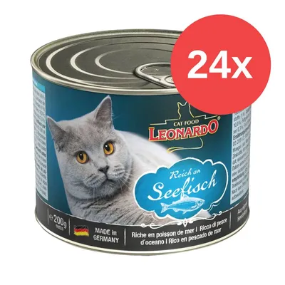 Leonardo Cat Food, Reich an Seefisch, 200 g, MADE IN GERMANY, opakowanie zbiorcze 24x. Na etykiecie zdjęcie kota i ryby.