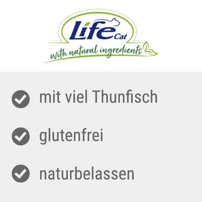 Life Cat mit natürlichen Zutaten. Eigenschaften: mit viel Thunfisch, glutenfrei, naturbelassen.