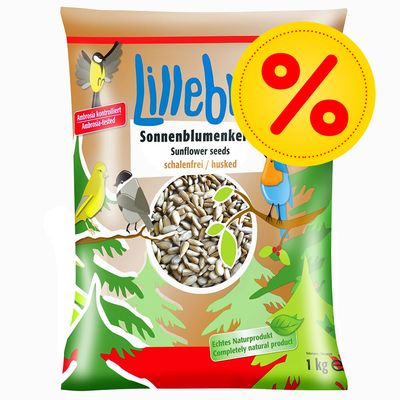 Lillebro Sonnenblumenkerne Sunflower seeds schalenfrei/husked, Ambrosia-tested, Completely natural product, 1 kg. Suuri alennusprosenttimerkki pakkauksen päällä.
