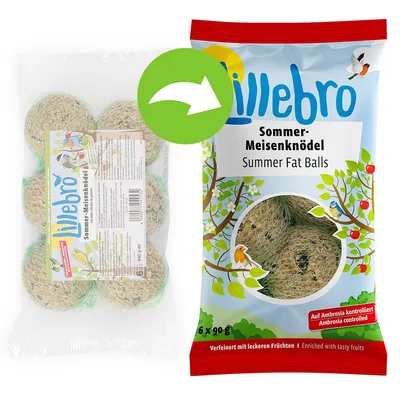 Lillebro Summer Fat Balls, poletne kroglice za ptice v mrežici, pakiranje 6 x 90 g. Besedilo na embalaži: Auf Ambrosia kontrolliert, Enriched with tasty fruits.