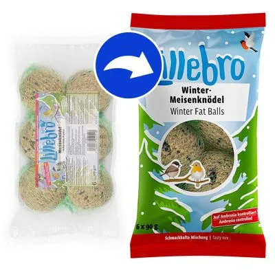 Lillebro Winter-Meisenknödel Winter Fat Balls, förpackning med 6 x 90 g. Synlig text: 'Auf Ambrosia kontrolliert', 'Schmackhafte Mischung', illustration av fåglar.