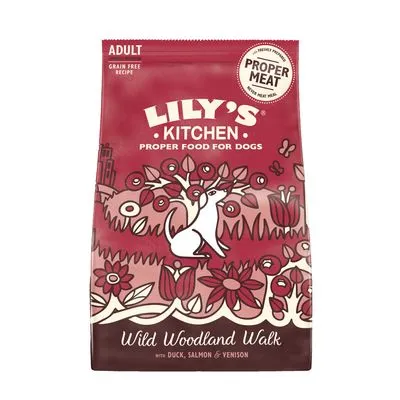 Lily's Kitchen Proper Food for Dogs Adult Wild Woodland Walk met eend, zalm en hert. Grain free recipe. Proper meat with duck, salmon & venison.