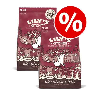 Two bags labelled adult, grain free recipe, proper meat, wild woodland walk with duck, salmon and venison. Red percentage discount symbol shown.