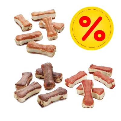 Tre sorters tuggben för hund, olika färger, visas i grupper. Gul cirkel med röd procent-symbol indikerar specialerbjudande eller rabatt.