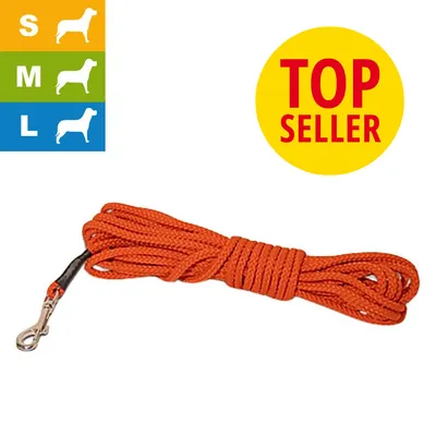 Longe orange avec mousqueton métallique, texte visible : TOP SELLER. Indicateurs de tailles S, M, L pour chiens affichés à gauche.