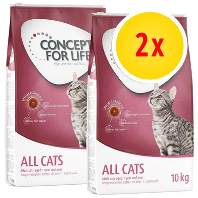 Lot de 2 sacs Concept for Life All Cats, croquettes pour chats adultes, 10 kg chacun. Texte visible : Ideal weight maintenance, Hairball function, Urinary tract support.