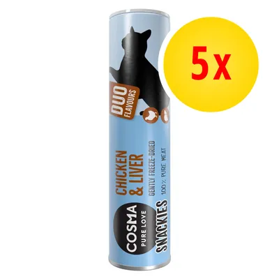 Cosma Snackies DUO Flavours Chicken & Liver, 100 % pure meat, gently freeze-dried, lot de 5 tubes visibles sur l’emballage.