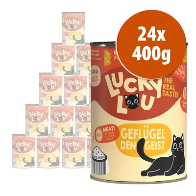 Confezione da 24 lattine Lucky Lou Geflügel Den Geist, 400 g ciascuna. Testo visibile: 'The real taste!', '96% meat! + innards & cooking liquid', 'Grain free'. Immagine di un gatto nero.