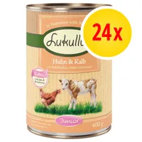 Lukullus Huhn & Kalb Junior, 400 g, confezione da 24. Testo visibile: Extra calcium & phosphorus, mit Haferflocken, Möhre und Leinöl.