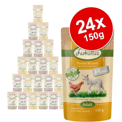 Lukullus Mini Adult Poultry & lamb with potatoes and hemp oil, 24 x 150g pouches. For small dogs up to 10kg. Large red circle shows '24x 150g'. Lukullus Mini Adult Poultry & lamb with potatoes and hemp oil, 24 x 150g pouches. For small dogs up to 10kg. Large red circle shows '24x 150g'.