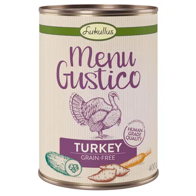 Lukullus Menu Gustico, fără cereale, calitate alimentară umană, conservă 400g cu curcan, dovlecel și morcov.