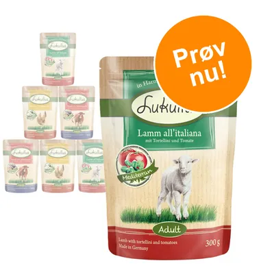 Lukullus Lamm all’italiana Adult, 300 g. Tekst: Lamb with tortellini and tomatoes, Made in Germany. Orange cirkel med teksten: Prøv nu! Flere varianter vises i baggrunden.