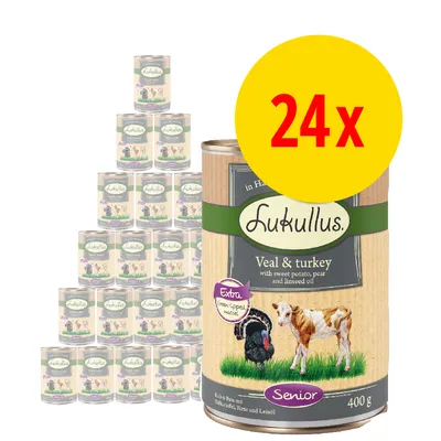 Pack of 24 Lukullus veal and turkey with sweet potato, pear and linseed oil, extra green-lipped mussel, senior, 400g cans.