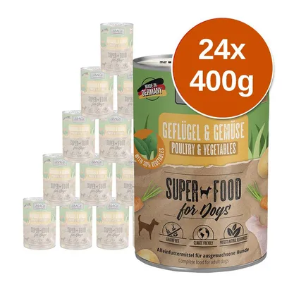 MAC's Super Food for Dogs, Geflügel & Gemüse, 24 puszki po 400 g. Widoczny napis: Made in Germany, with 30% vegetables, grainfree, climate friendly, protects natural resources.