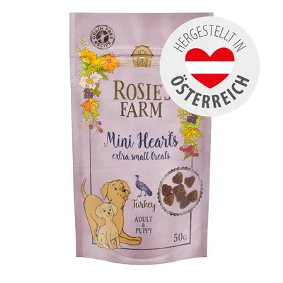 Rosie's Farm Mini Hearts extra small treats Turkey, Adult & Puppy, 50g. Grain free recipe. Hergestellt in Österreich.