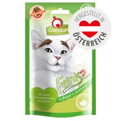 GranataPet Feinis Snack Geflügel & Katzengras, mit Taurin, Granatapfelkernen und Lachsöl, ohne Getreide, hergestellt in Österreich.