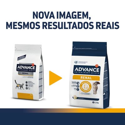Mudança de embalagem: ração Advance Veterinary Diets Renal para gatos, saco antigo à esquerda e novo à direita. Texto visível: Nova imagem, mesmos resultados reais.