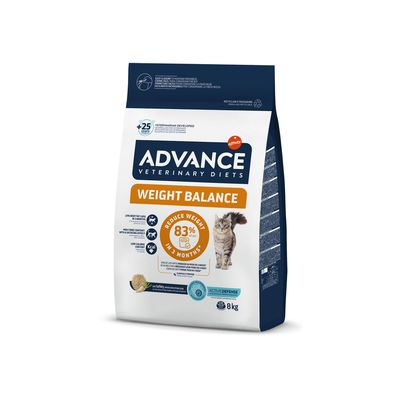 ADVANCE Veterinary Diets Weight Balance cat food, 8kg bag. Visible text: Reduce weight 83% in 3 months, low calorie, high fibre content, Active Defense. Image of a cat on packaging.