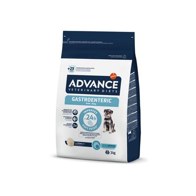ADVANCE Veterinary Diets Gastroenteric Mini <10kg, improves soft faeces in 24h, with chicken, 3kg bag. Visible dog image and feeding information on packaging.