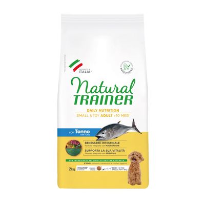 Natural Trainer Daily Nutrition Small & Toy Adult mit Thunfisch. Unterstützt die Vitalität und das Darmwohlbefinden. Hergestellt in Italien mit natürlichen Zutaten.
