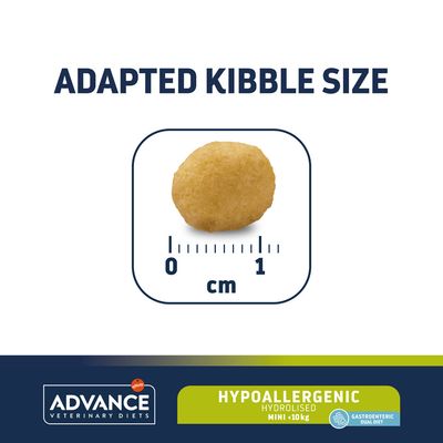 Advance Veterinary Diets Hypoallergenic Hydrolised Mini <10 kg táp szemcseméret: kb. 1 cm, Adapted Kibble Size felirattal, Gastroenteric Dual Diet logóval