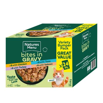 Natures Menu bites in gravy variety bumper pack, 24 x 85g pouches with chicken, turkey, tuna and salmon. Label states 'Taste cats will love' and 'Great value'. For adult pets.