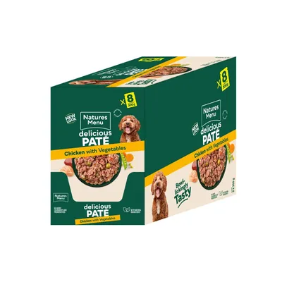 Natures Menu delicious pâté chicken with vegetables, 8 x 300g pack. No added colours or preservatives, made with natural ingredients. Bowl-lickingly tasty.