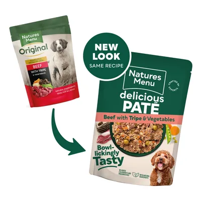 Packaging change from Natures Menu Original Beef with Tripe & Vegetables to Natures Menu Delicious Paté Beef with Tripe & Vegetables. New look, same recipe.