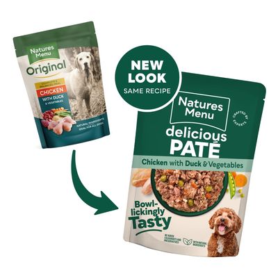 Packaging change from Natures Menu Original Chicken with Duck & Vegetables to Natures Menu delicious Pate Chicken with Duck & Vegetables. New look, same recipe.