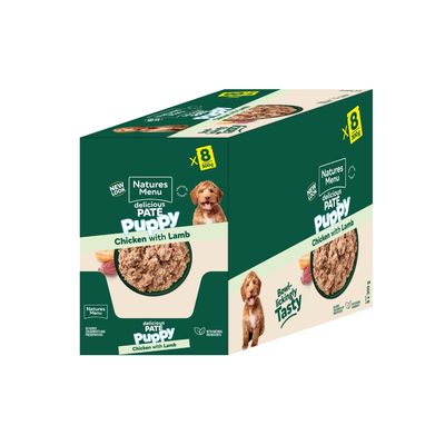 Box of Natures Menu delicious pâté for puppy, chicken with lamb flavour, 8 x 300g packs, with natural ingredients and no added colourants or preservatives.
