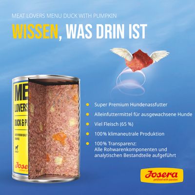WISSEN, WAS DRIN IST. Super Premium Hundenassfutter, Alleinfuttermittel für ausgewachsene Hunde, 65% Fleisch, 100% klimaneutral, alle Rohwaren und Bestandteile aufgeführt. Josera.