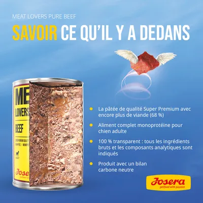Savoir ce qu’il y a dedans. La pâtée Super Premium Josera Meat Lovers Pure Beef, 68 % viande, aliment complet monoprotéine pour chien adulte, ingrédients et composants analytiques indiqués.