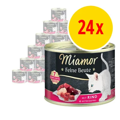Miamor Feine Beute kissan märkäruoka, 24 x annospakkaus. Etiketissä valkoinen kissa, kuva lihapaloista ja teksti 'mit Rind', viljaton. 7 eri lajiketta mainittu.