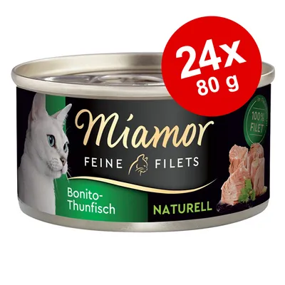 Miamor Feine Filets Bonito-Thunfisch Naturell, 100 % Filet, dåse med billede af kat og tun, pakke med 24 x 80 g