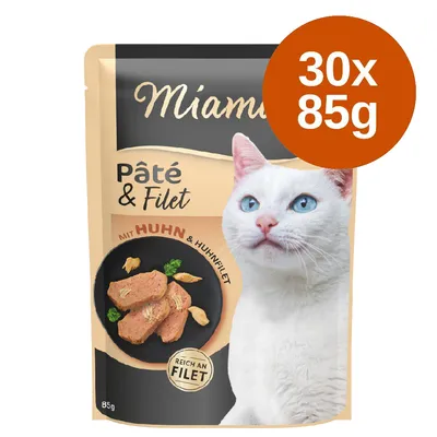 Miamor Pâté & Filet csirkehússal és csirkefilével, filében gazdag. Kiszerelés: 30x85g.