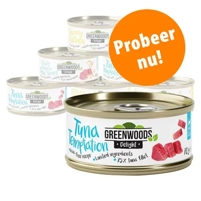 Greenwoods Delight blikjes: Tuna Temptation, Charming Chicken, Baby Delicious Tuna Shrimp. Tekst op oranje cirkel: Probeer nu! 75% tuna fillet, grain-free recipe, limited ingredients.