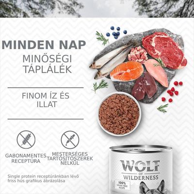 MINDEN NAP MINŐSÉGI TÁPLÁLÉK, FINOM ÍZ ÉS ILLAT, GABONAMENTES RECEPTÚRA, MESTERSÉGES TARTÓSÍTÓSZEREK NÉLKÜL, Wolf of Wilderness 100% grain-free recipe feliratok láthatók.