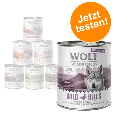 Wolf of Wilderness Nassfutter Wild Hills mit Ente, Beeren, Wurzeln und Kräutern. 100% getreidefreie Rezeptur. Jetzt testen!