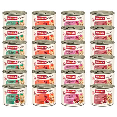 Lot de 24 boîtes animonda Carny ADULT Rind pur, 200 g chacune. Texte visible : 100 % frische Zutaten, Ohne Getreide, Made in Germany, mit Taurin, Pure Beef.