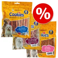 Hansepet Cookies Delikatessen für Hunde, Sorten: Kaurollen mit Hähnchenfiletfleisch, Pures Hähnchenfilet in zarten Streifen, Hähnchen-Reis-Stickies, 200g Packungen, Prozentzeichen-Angebot.