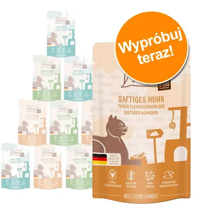 Zestaw saszetek dla kota MjAMjAM, widoczne warianty: Saftiges Huhn, Leckeres Rind, Gute Pute. Pomarańczowe koło z napisem: Wypróbuj teraz!