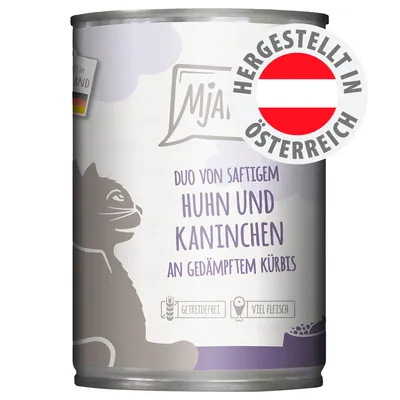Mjam Duo von saftigem Huhn und Kaninchen an gedämpftem Kürbis, getreidefrei, viel Fleisch, hergestellt in Österreich.