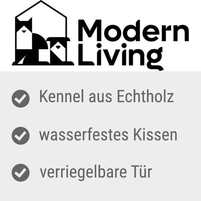 Holz-Hundebox mit weissen Gitterstäben, gepolsterter Liegefläche und abschliessbarer Tür.